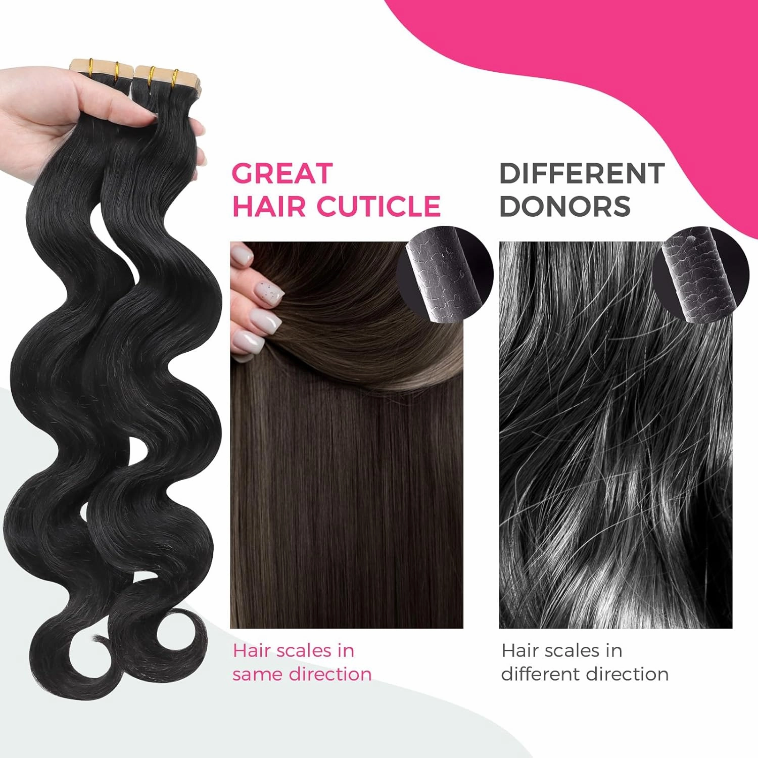 Lashey Tape in Hair Extensions Human Hair 40pcs 100g/pack 20 Inch Body Wave Natural Black Soft and Invisible Hair Extensions