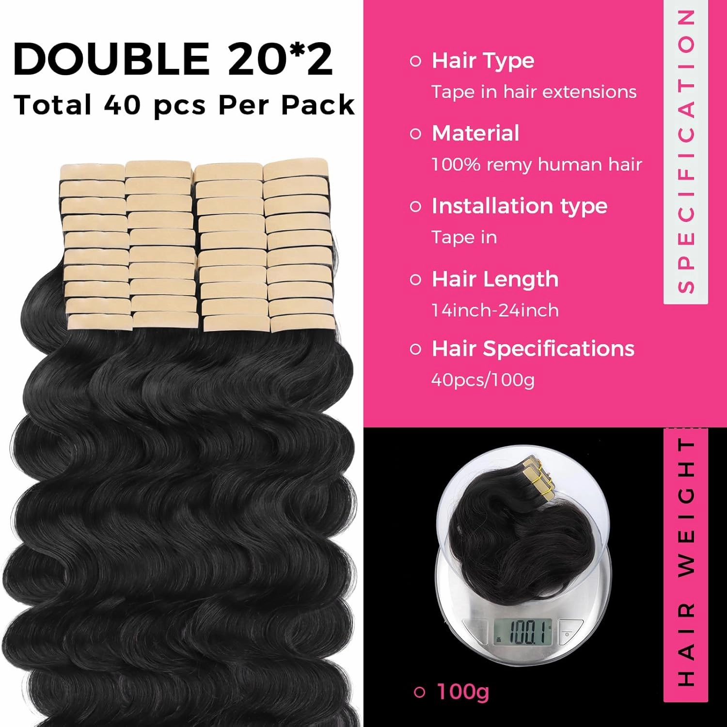 Lashey Tape in Hair Extensions Human Hair 40pcs 100g/pack 20 Inch Body Wave Natural Black Soft and Invisible Hair Extensions