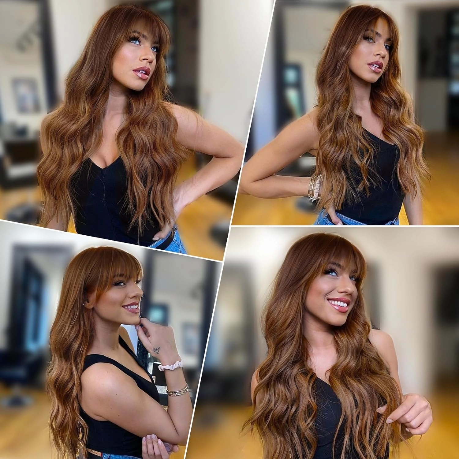 Lativ Auburn Wig with Bangs Long Wavy Ginger Wig Natural Looking Heat Resistant Synthetic Curly Full Wigs for Women Daily Use 26 Inches