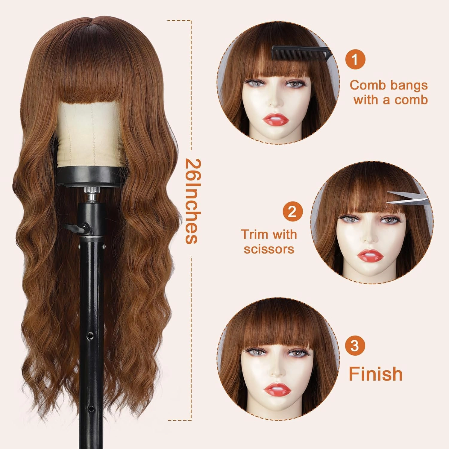 Lativ Auburn Wig with Bangs Long Wavy Ginger Wig Natural Looking Heat Resistant Synthetic Curly Full Wigs for Women Daily Use 26 Inches