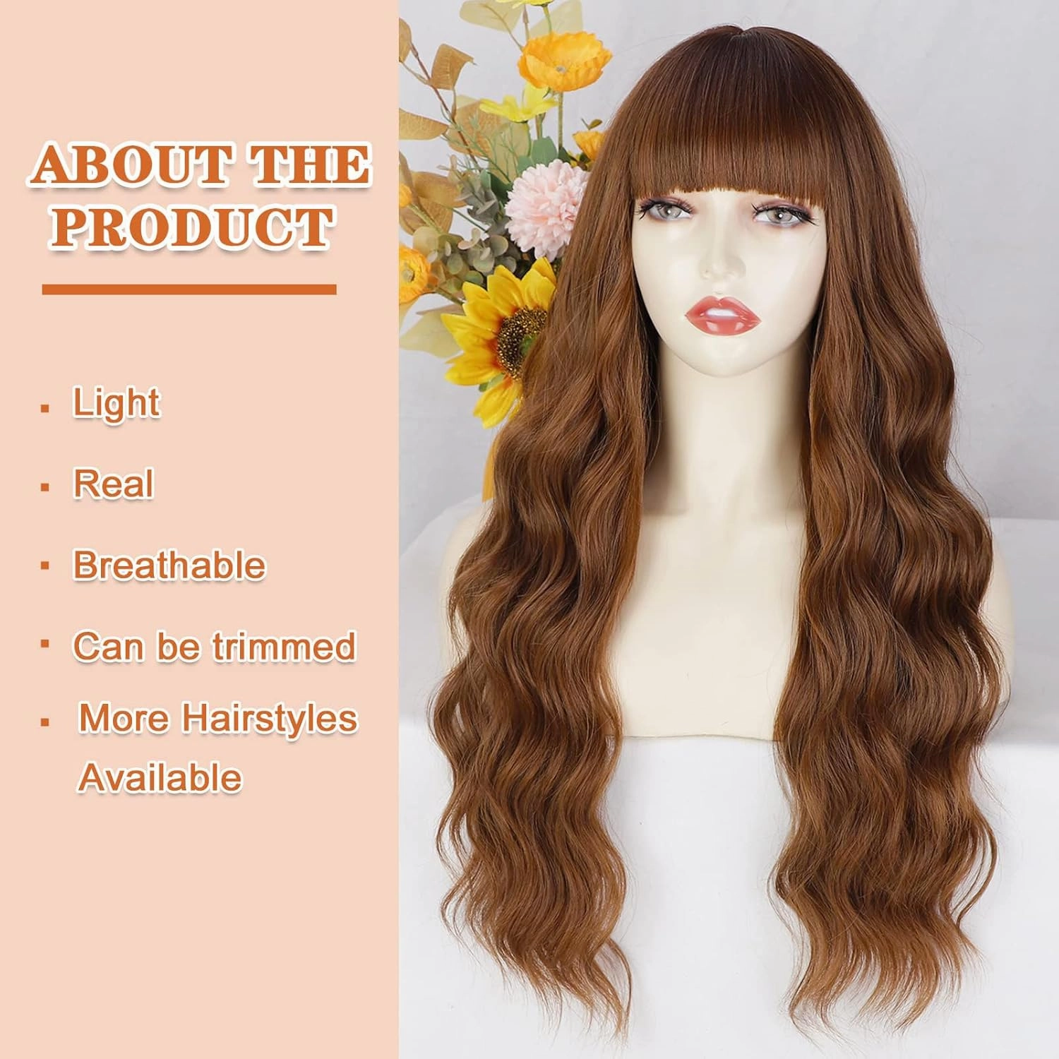 Lativ Auburn Wig with Bangs Long Wavy Ginger Wig Natural Looking Heat Resistant Synthetic Curly Full Wigs for Women Daily Use 26 Inches