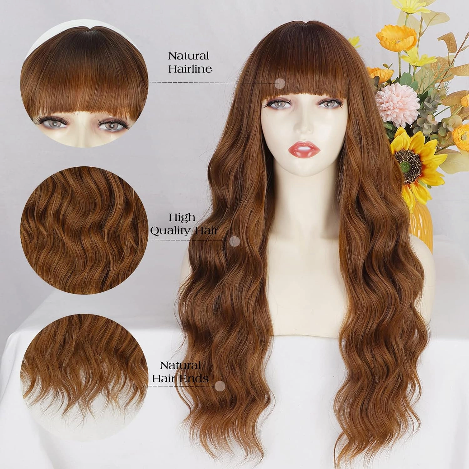 Lativ Auburn Wig with Bangs Long Wavy Ginger Wig Natural Looking Heat Resistant Synthetic Curly Full Wigs for Women Daily Use 26 Inches