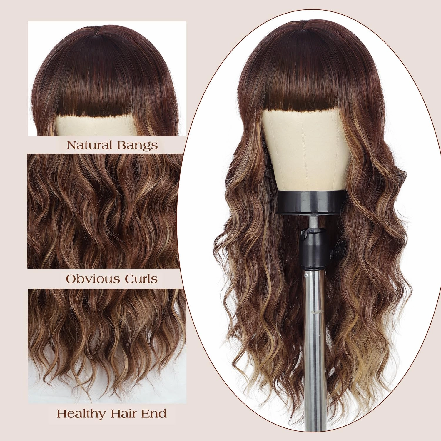 Lativ Brown Wig With Bangs Long Wavy Brown Mixed Blonde Highlight Wig with Dark Roots Ombre Natural Curly Synthetic Resistant Fiber Wigs for Women Daily Party Use 26 Inches