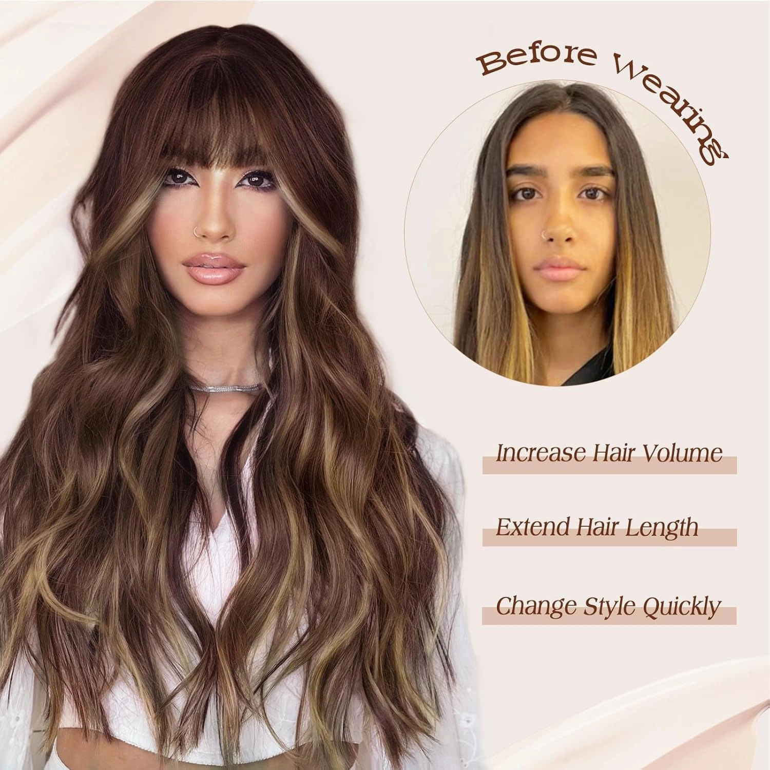 Lativ Brown Wig With Bangs Long Wavy Brown Mixed Blonde Highlight Wig with Dark Roots Ombre Natural Curly Synthetic Resistant Fiber Wigs for Women Daily Party Use 26 Inches