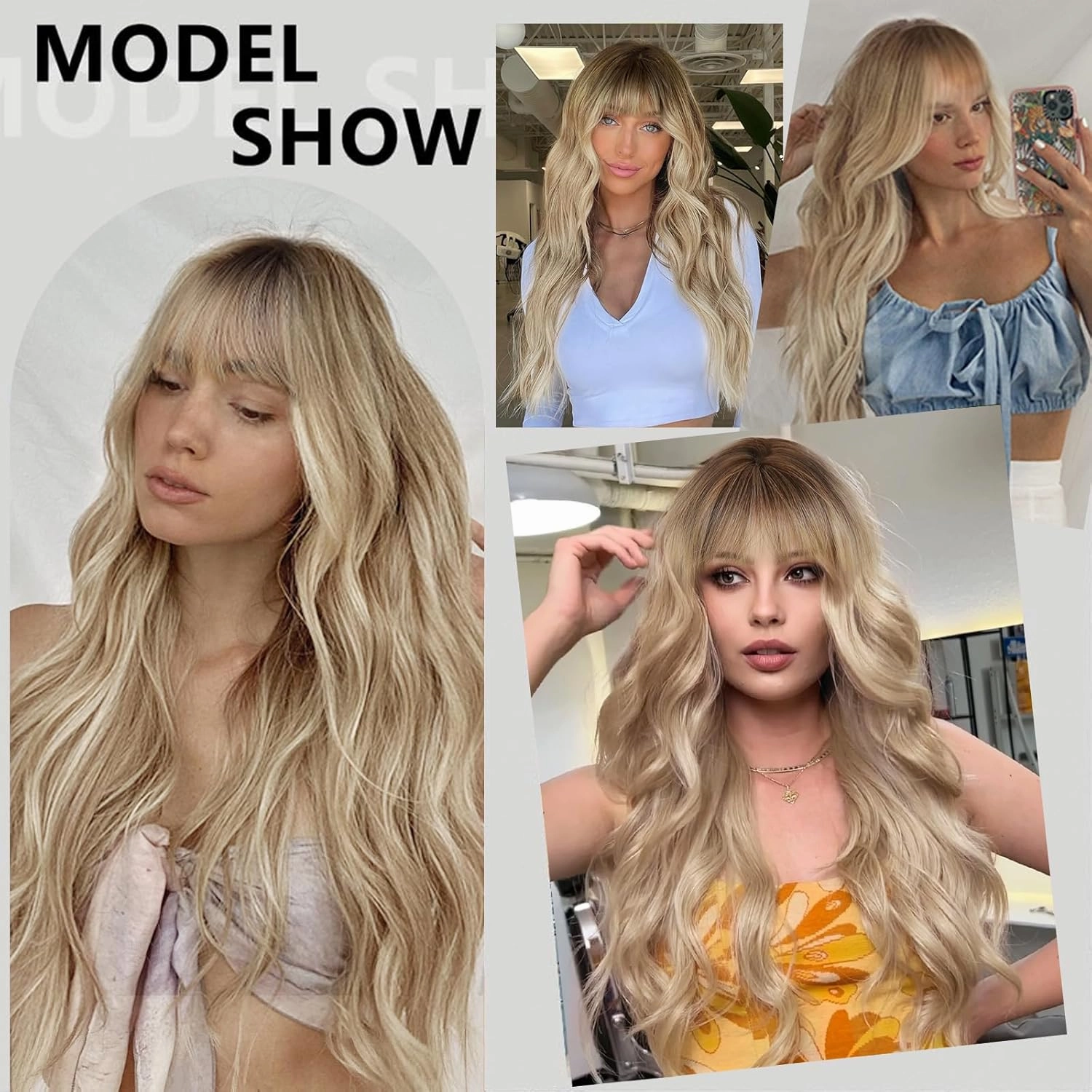 Lativ Dirty Blonde Wig With Bangs Long Wavy Curly Ombre Blonde Wig with Dark Roots Synthetic Heat Resistant Wigs for Women Daily Party Use 26 Inches