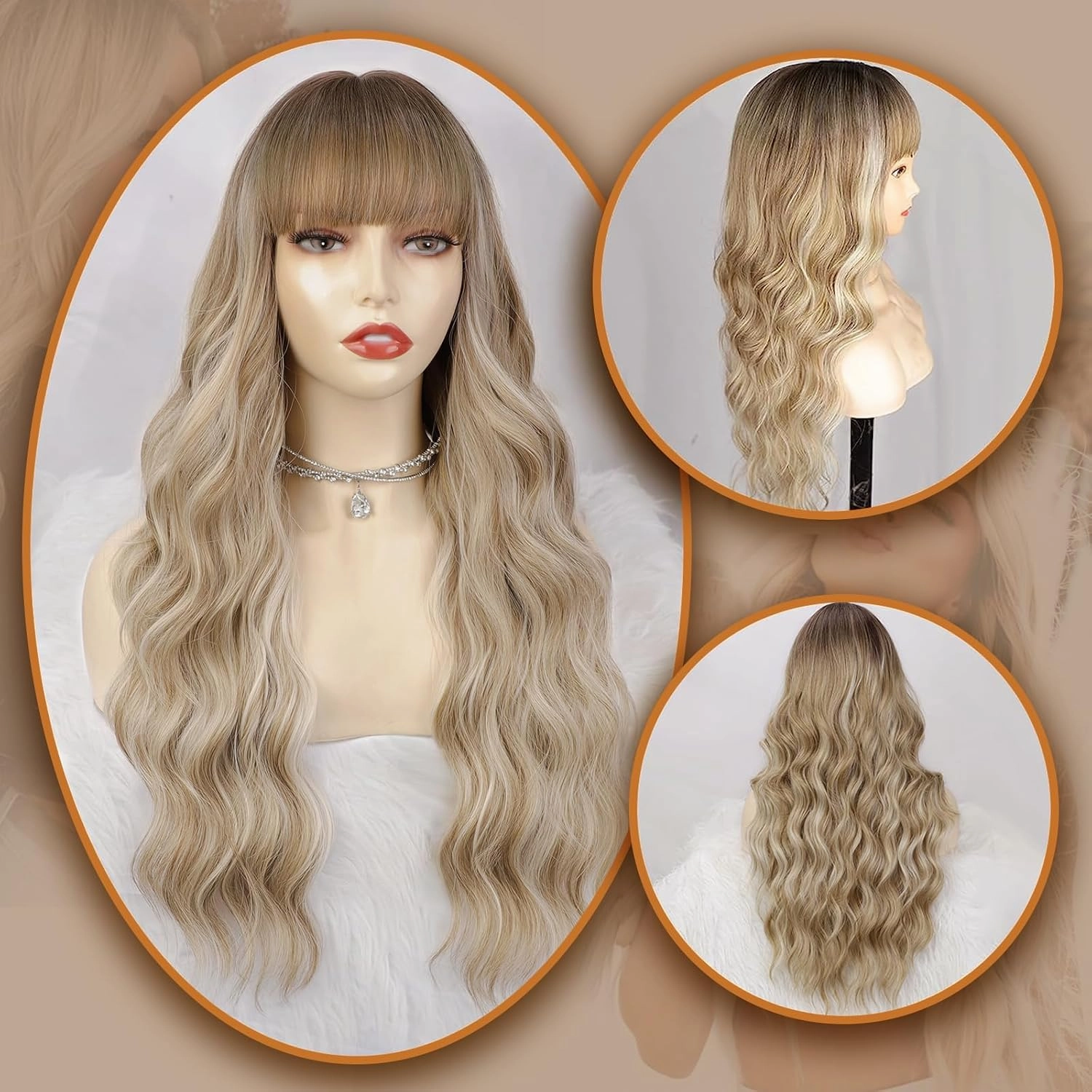 Lativ Dirty Blonde Wig With Bangs Long Wavy Curly Ombre Blonde Wig with Dark Roots Synthetic Heat Resistant Wigs for Women Daily Party Use 26 Inches