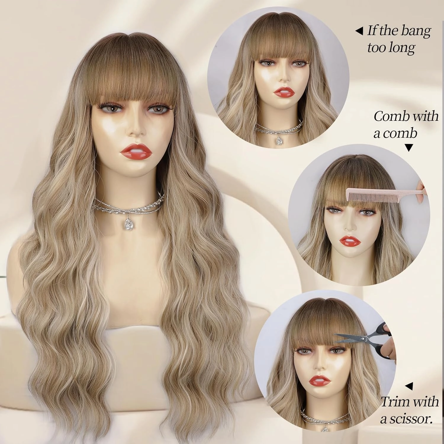 Lativ Dirty Blonde Wig With Bangs Long Wavy Curly Ombre Blonde Wig with Dark Roots Synthetic Heat Resistant Wigs for Women Daily Party Use 26 Inches