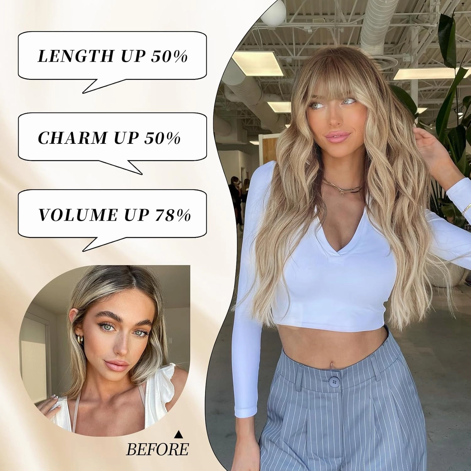 Lativ Dirty Blonde Wig With Bangs Long Wavy Curly Ombre Blonde Wig with Dark Roots Synthetic Heat Resistant Wigs for Women Daily Party Use 26 Inches