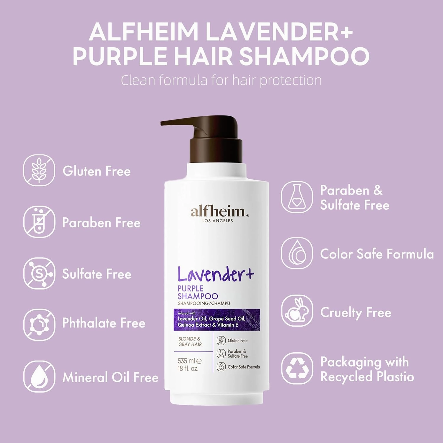 Lavender  Purple Shampoo | Moisturizing & Brass Control | Sulfate-Free, Color-Safe | For Blonde, Silver & Highlighted Hair | Infused with Lavender Oil & Vitamin E | 18 oz