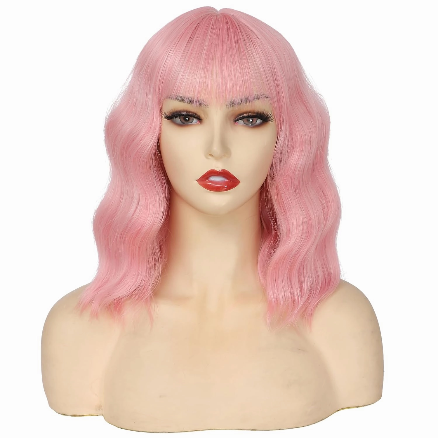 Light Pink Wig for Women Short Pastel Wavy Wigs Curly Bob Wigs with Bangs Shoulder Length Colorful Synthetic Wigs for Cosplay Costume Party Daily Use(14 Inches)