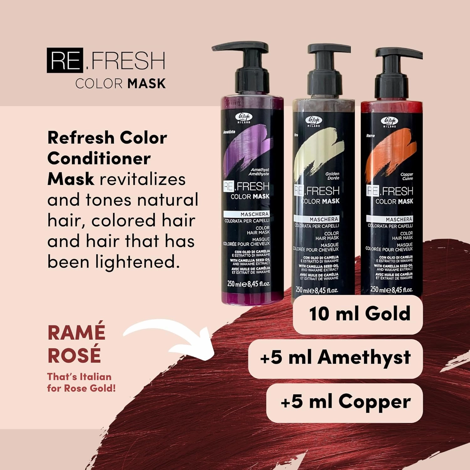 Lisap Color Depositing Hair Mask, Sand, 8.45 oz, Hair Gloss Toner Deep Conditioning Hair Mask, Dry Damaged or Color Treated Hair Repair, With Hydrating Camellia Oil, For Shine & Moisturization