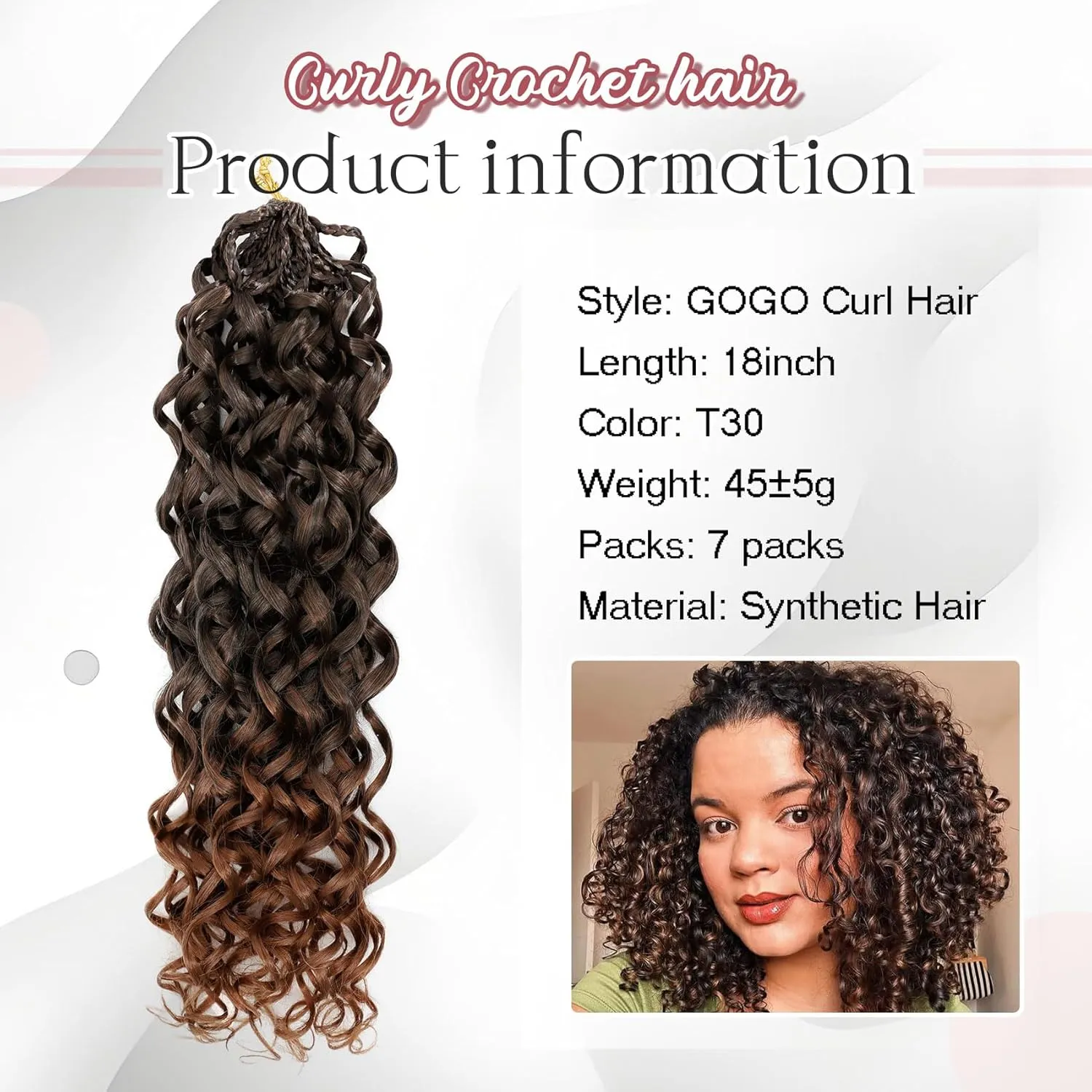 LIYATE 7 Packs Gogo Curl Crochet Hair for Women 18 Inch Pre-Twisted Curly Crochet Hair Deep Ocean Beach Curl Crochet Braids Synthetic Braiding Hair Extensions (18 Inch, 1B/30)