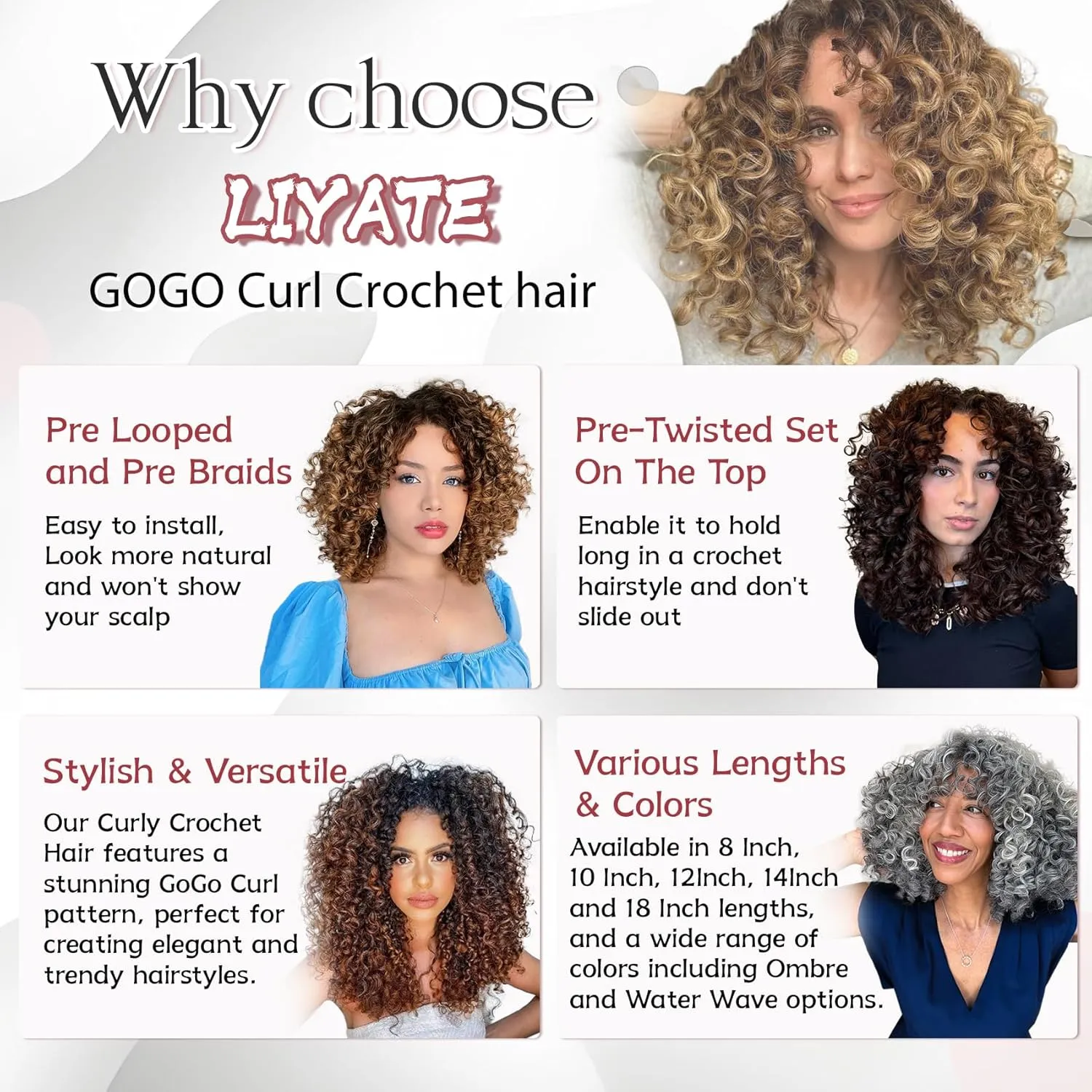 LIYATE 7 Packs Gogo Curl Crochet Hair for Women 18 Inch Pre-Twisted Curly Crochet Hair Deep Ocean Beach Curl Crochet Braids Synthetic Braiding Hair Extensions (18 Inch, 1B/30)