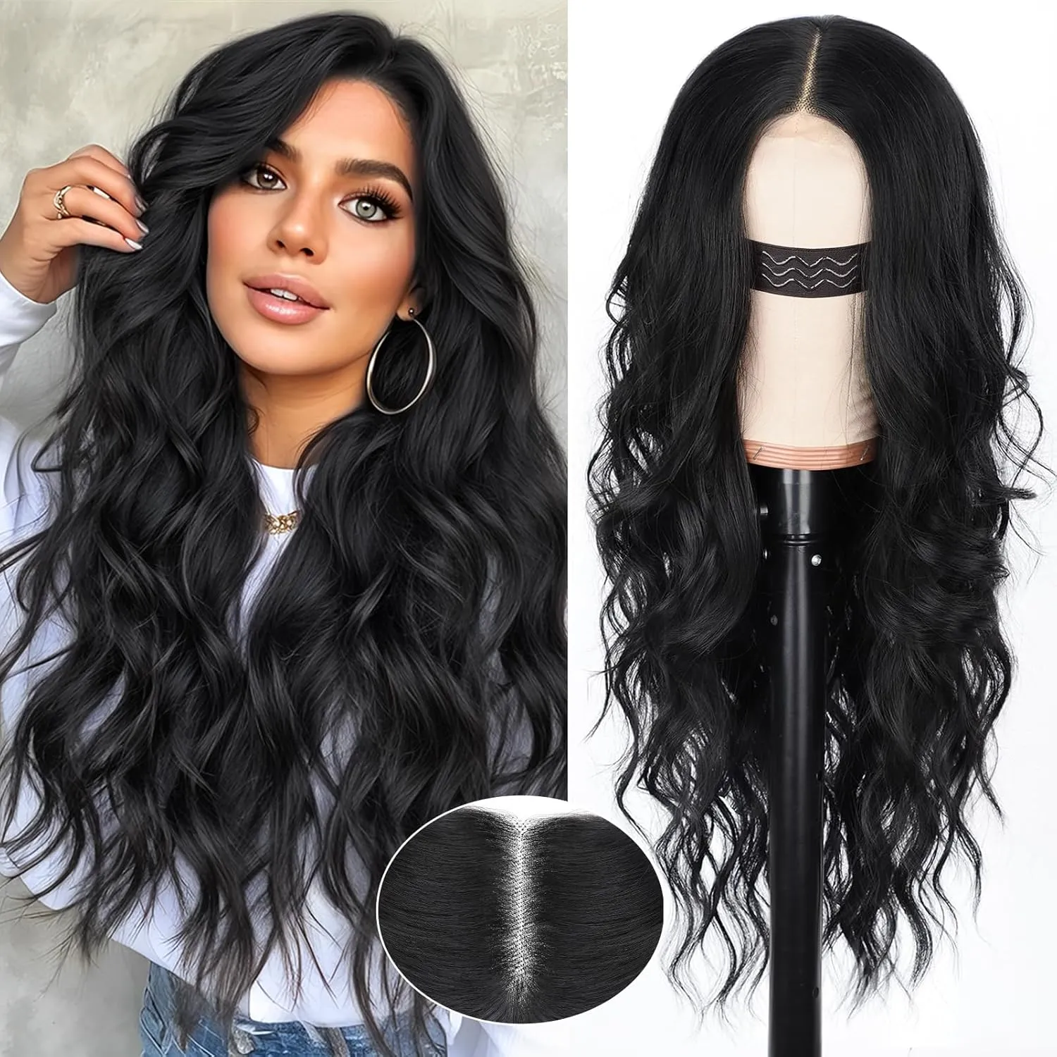 Long Black Lace Wig for Women 26 Inch Wavy Curly Synthetic Wig T-Part Lace Hairline Natural Looking Heat Resistant Fiber for Daily Party Cosplay Use