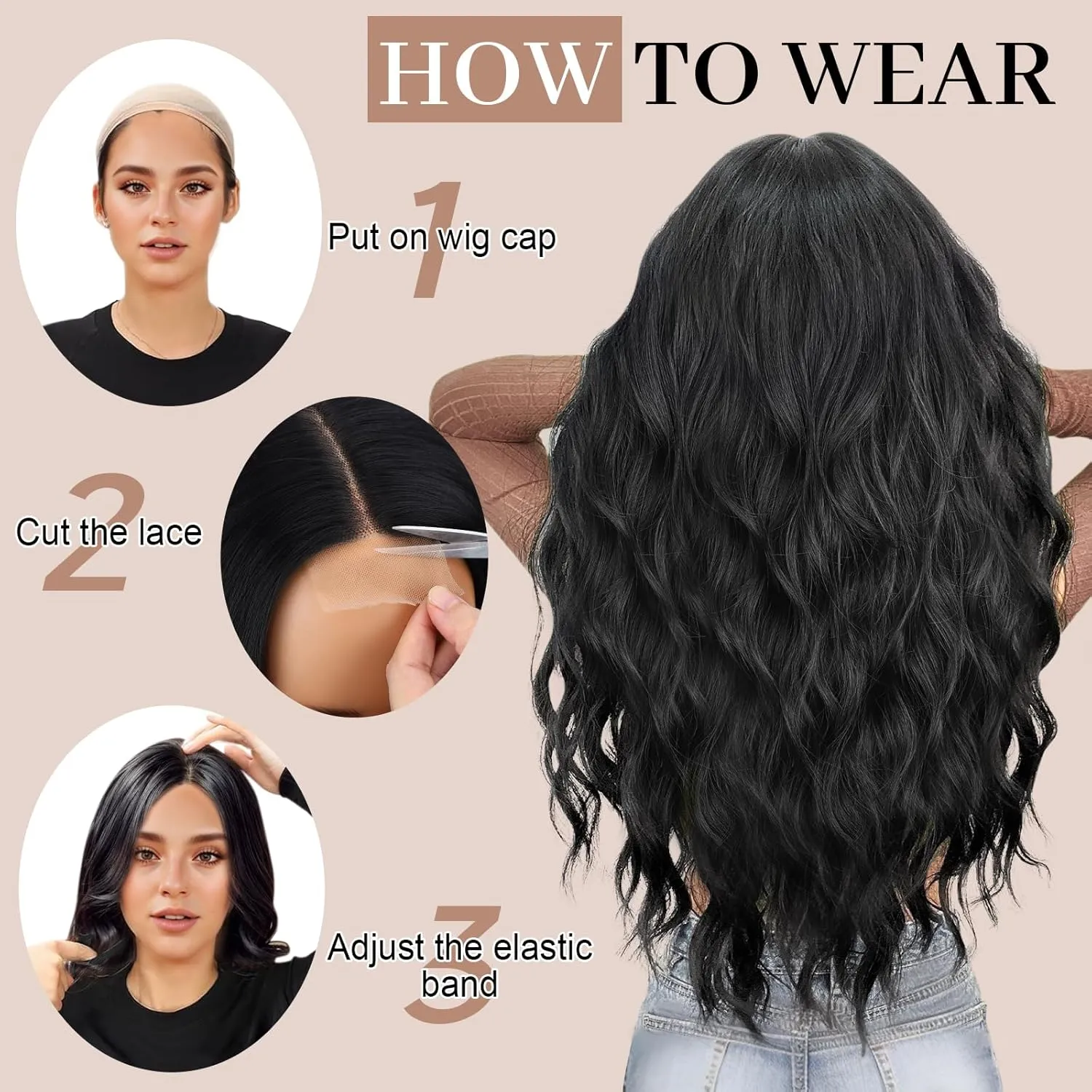 Long Black Lace Wig for Women 26 Inch Wavy Curly Synthetic Wig T-Part Lace Hairline Natural Looking Heat Resistant Fiber for Daily Party Cosplay Use