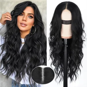 Long Black Lace Wig for Women 26 Inch Wavy Curly Synthetic Wig T-Part Lace Hairline Natural Looking Heat Resistant Fiber for Daily Party Cosplay Use