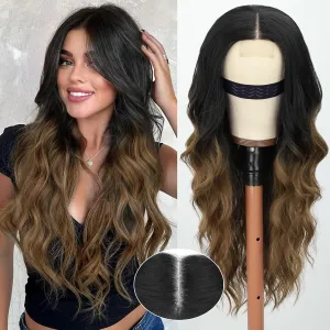 Long Black to Brown Wavy Wig for Women 26 Inch Middle Part Lace Hairline Curly Wavy Synthetic Wig Natural Looking Heat Resistant Fiber for Daily Party Cosplay Use