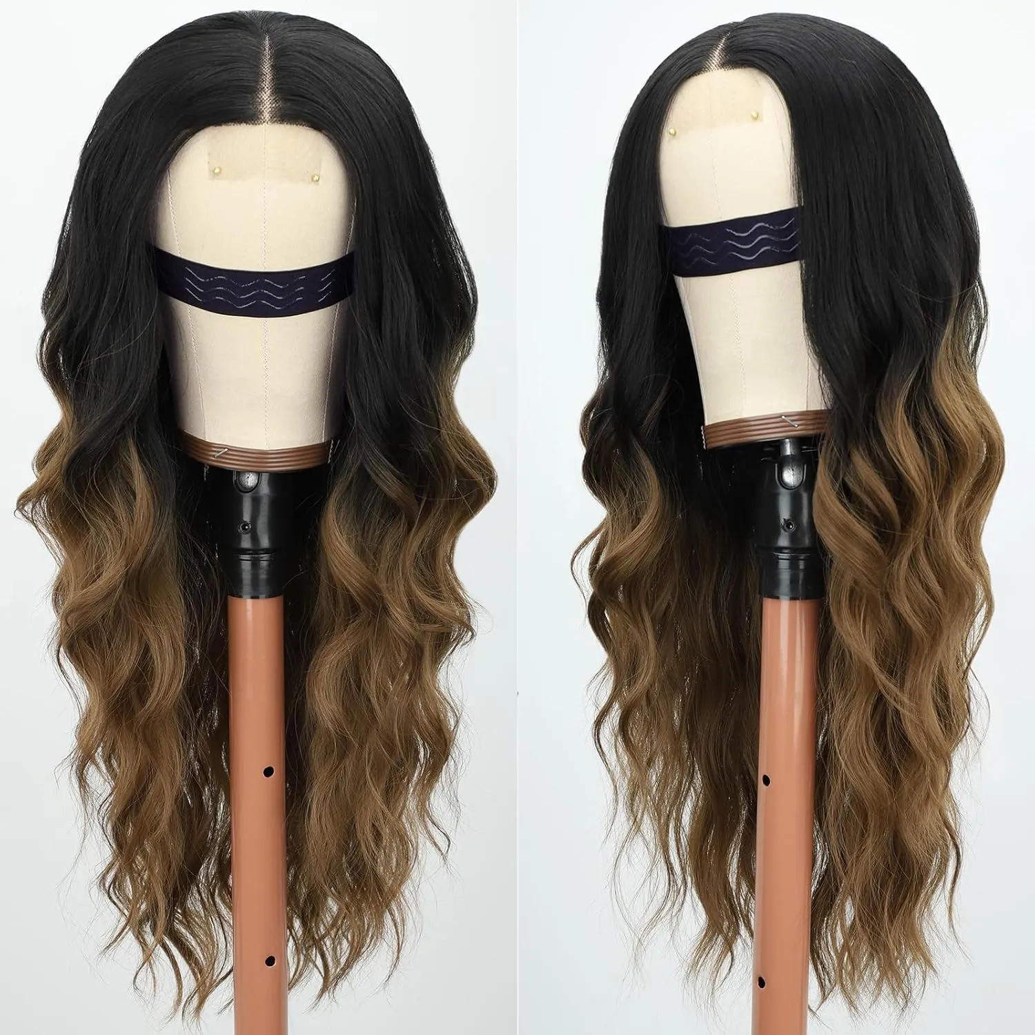 Long Black to Brown Wavy Wig for Women 26 Inch Middle Part Lace Hairline Curly Wavy Synthetic Wig Natural Looking Heat Resistant Fiber for Daily Party Cosplay Use