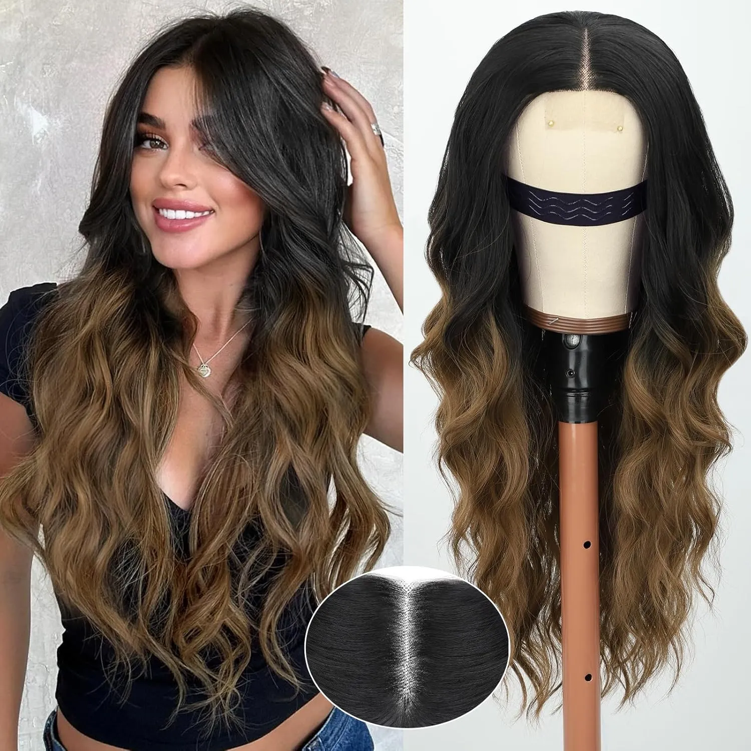 Long Black to Brown Wavy Wig for Women 26 Inch Middle Part Lace Hairline Curly Wavy Synthetic Wig Natural Looking Heat Resistant Fiber for Daily Party Cosplay Use