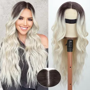 Long Platinum Blonde Wavy Wig for Women 26 Inch Middle Part Lace Hairline Curly Wavy Synthetic Wig Natural Looking Heat Resistant Fiber for Daily Party CosplayUse