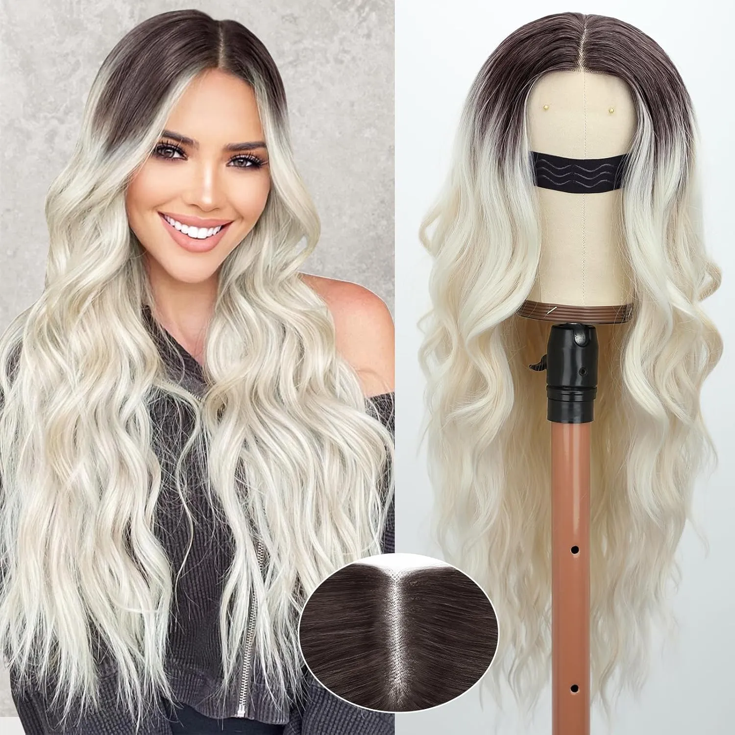 Long Platinum Blonde Wavy Wig for Women 26 Inch Middle Part Lace Hairline Curly Wavy Synthetic Wig Natural Looking Heat Resistant Fiber for Daily Party CosplayUse