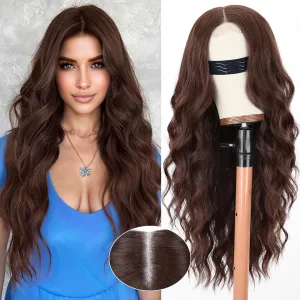 Long Reddish Brown Lace Wig for Women 26 Inch Wavy Curly Synthetic Wig T-Part Lace Hairline Natural Looking Heat Resistant Fiber for Daily Party cosplay Use