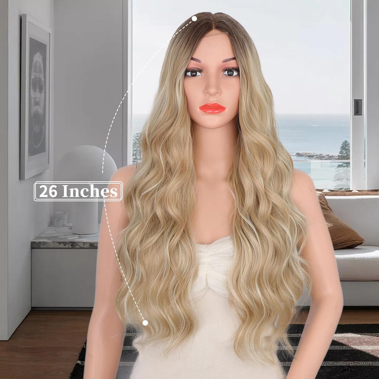 Long Blonde Wigs for Women, Ombre Beach Blonde Wavy Wig, 26 Inch Lace Front Women's Charming Wigs Natural Looking Synthetic Heat Resistant Fiber Wig for Daily Party Use