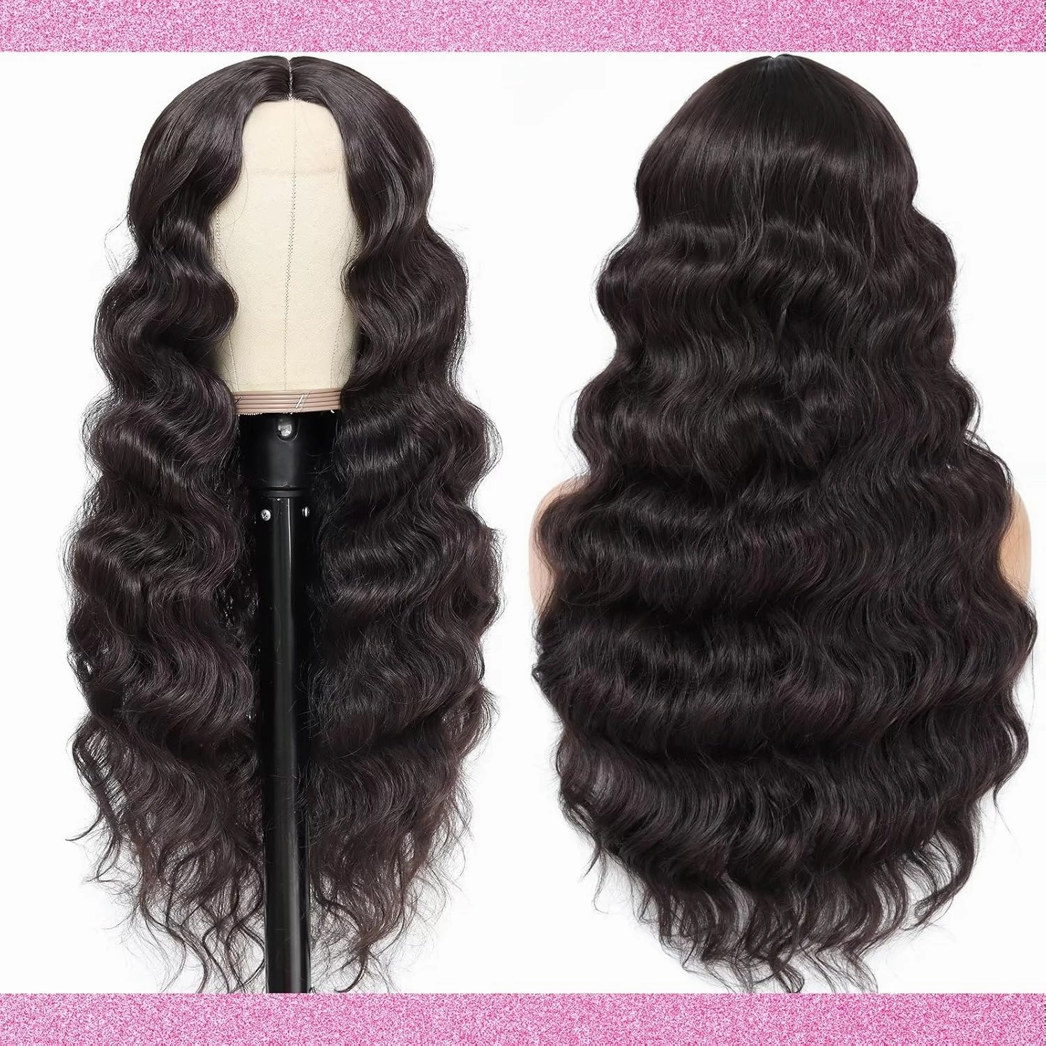 Long Dark Brown Long Wavy Wigs For Women Body Wave Lace Wig Middle Part Natural Looking Synthetic Heat Resistant Fiber Wig for Daily Party Use(Brown Wig,26 inch)