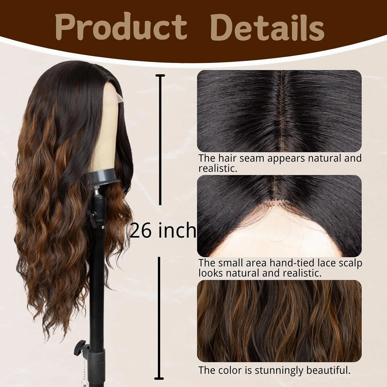 Long Mix Brown Wig for Women 26 Inch Middle Part Wavy Women Charming Hair Realistic Natural Looking Synthetic Heat Resistant Fiber Wig for Daily Party Use