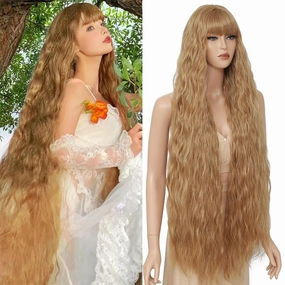 Long Wavy Wig with Bangs for Women, Long Brown Bangs Wig,Natural Looking Synthetic Heat Resistant Hair，Wigs for Daily Party and Halloween (40 Inch)
