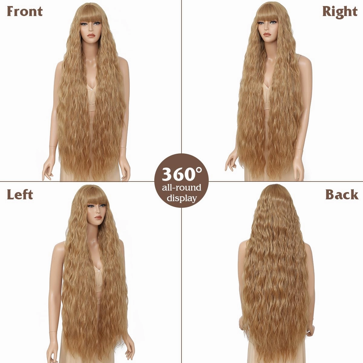Long Wavy Wig with Bangs for Women, Long Brown Bangs Wig,Natural Looking Synthetic Heat Resistant Hair，Wigs for Daily Party and Halloween (40 Inch)