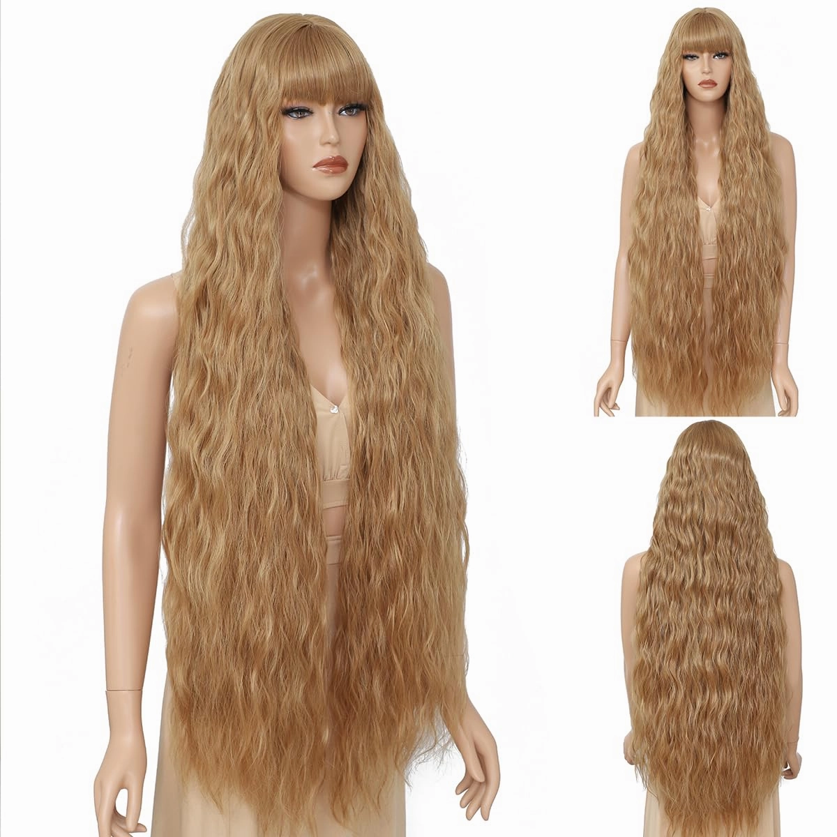 Long Wavy Wig with Bangs for Women, Long Brown Bangs Wig,Natural Looking Synthetic Heat Resistant Hair，Wigs for Daily Party and Halloween (40 Inch)