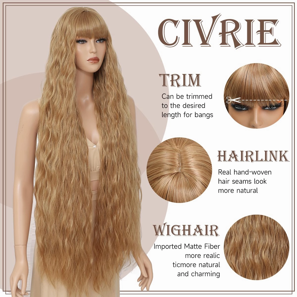 Long Wavy Wig with Bangs for Women, Long Brown Bangs Wig,Natural Looking Synthetic Heat Resistant Hair，Wigs for Daily Party and Halloween (40 Inch)