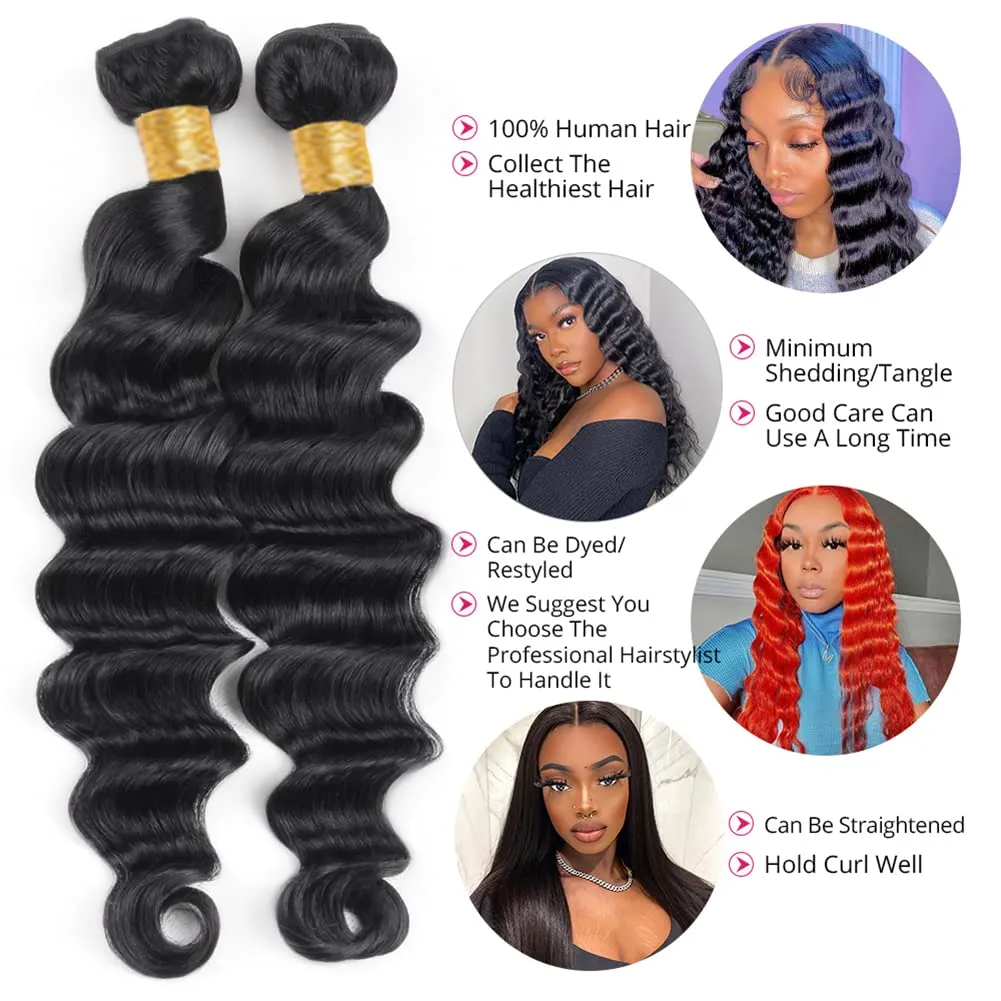 Loose Deep Wave Bundles with Closure (16 18 20 14) Brazilian Human Hair Bundles with 4×4 Free Part Closure Pre Plucked with Baby Hair Deep Wave Bundles Double Weft 150% Density Natural Black