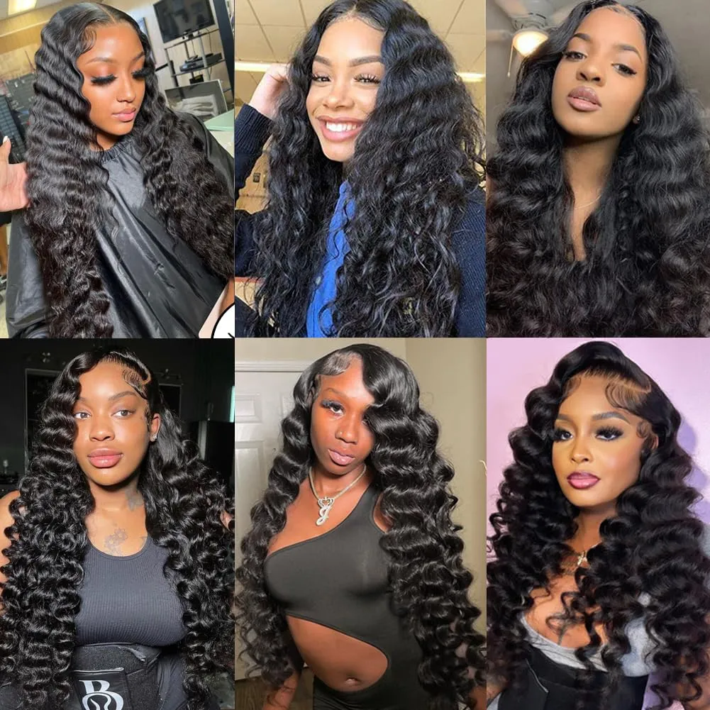 Loose Deep Wave Bundles with Closure (16 18 20 14) Brazilian Human Hair Bundles with 4×4 Free Part Closure Pre Plucked with Baby Hair Deep Wave Bundles Double Weft 150% Density Natural Black