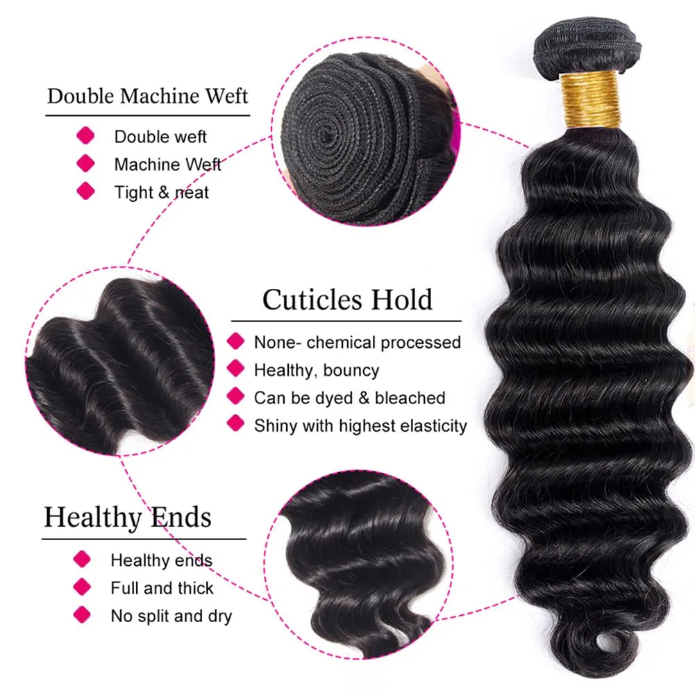 Loose Deep Wave Bundles with Closure (16 18 20 14) Brazilian Human Hair Bundles with 4×4 Free Part Closure Pre Plucked with Baby Hair Deep Wave Bundles Double Weft 150% Density Natural Black