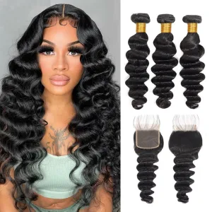 Loose Deep Wave Bundles with Closure (16 18 20 14) Brazilian Human Hair Bundles with 4×4 Free Part Closure Pre Plucked with Baby Hair Deep Wave Bundles Double Weft 150% Density Natural Black