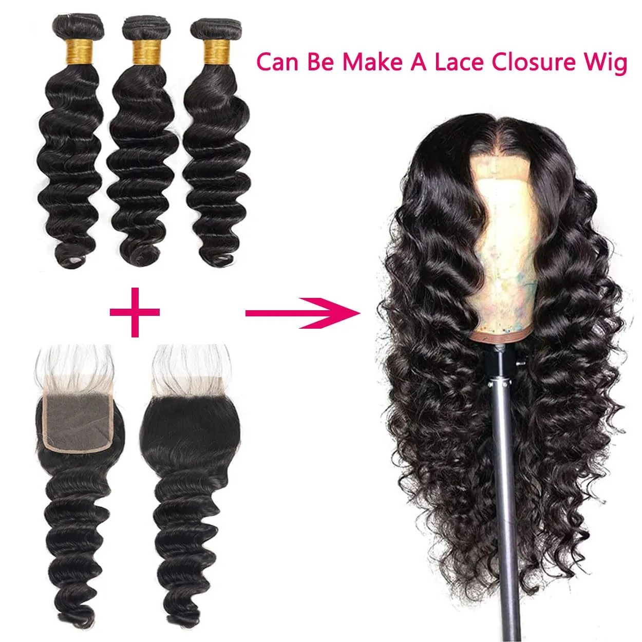 Loose Deep Wave Bundles with Closure (16 18 20 14) Brazilian Human Hair Bundles with 4×4 Free Part Closure Pre Plucked with Baby Hair Deep Wave Bundles Double Weft 150% Density Natural Black