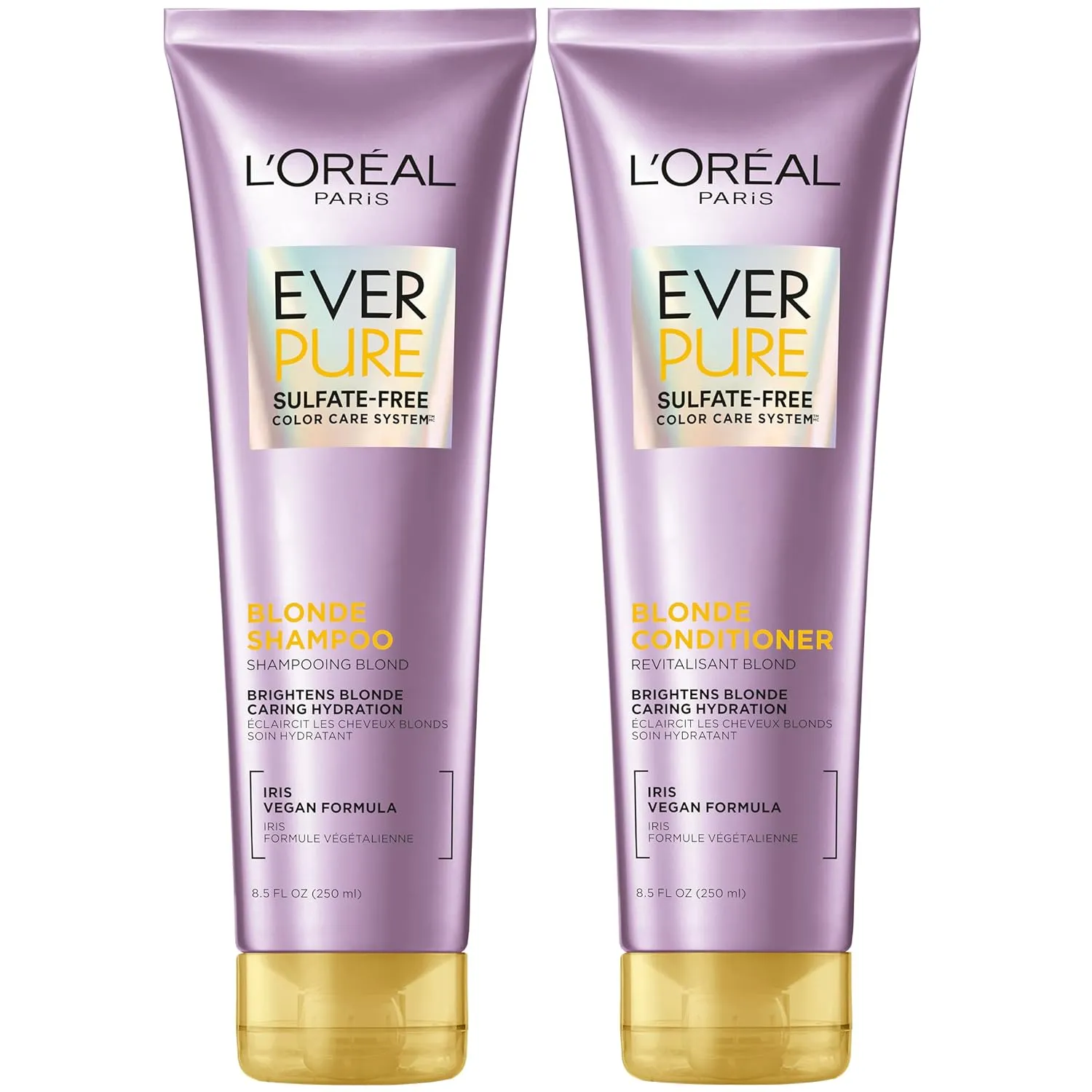 L'Oreal Paris Blonde Sulfate Free Shampoo and Conditioner for Color-Treated Hair, Neutralizes Brass   Balances, EverPure, 8.5 Fl Oz, Set of 2