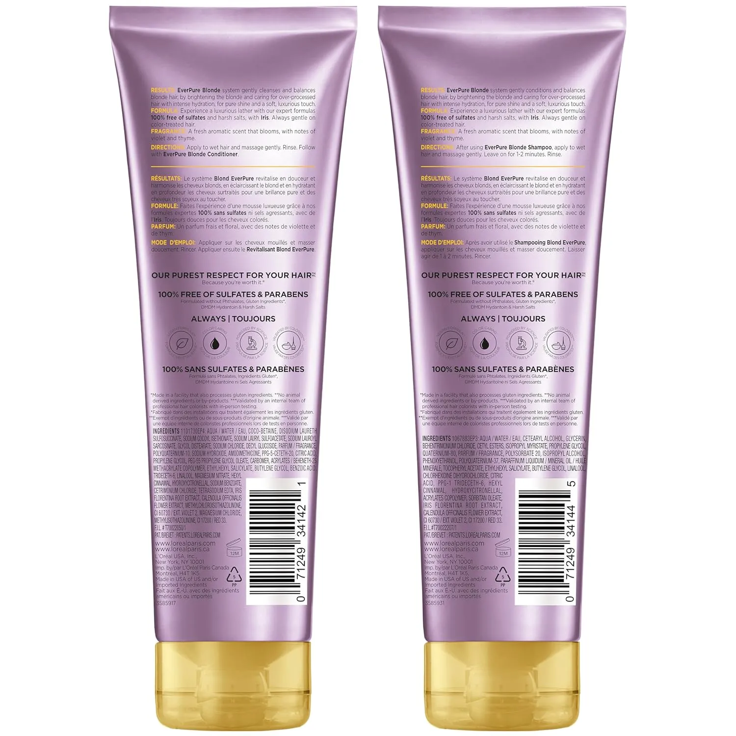L'Oreal Paris Blonde Sulfate Free Shampoo and Conditioner for Color-Treated Hair, Neutralizes Brass   Balances, EverPure, 8.5 Fl Oz, Set of 2