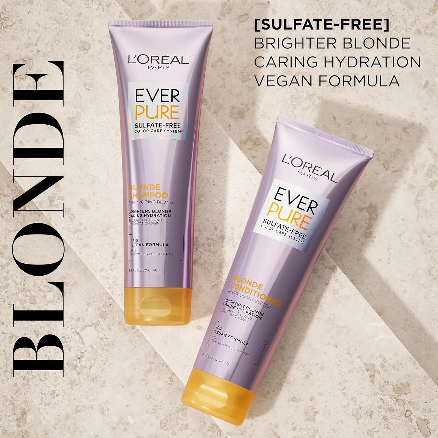 L'Oreal Paris Blonde Sulfate Free Shampoo and Conditioner for Color-Treated Hair, Neutralizes Brass   Balances, EverPure, 8.5 Fl Oz, Set of 2