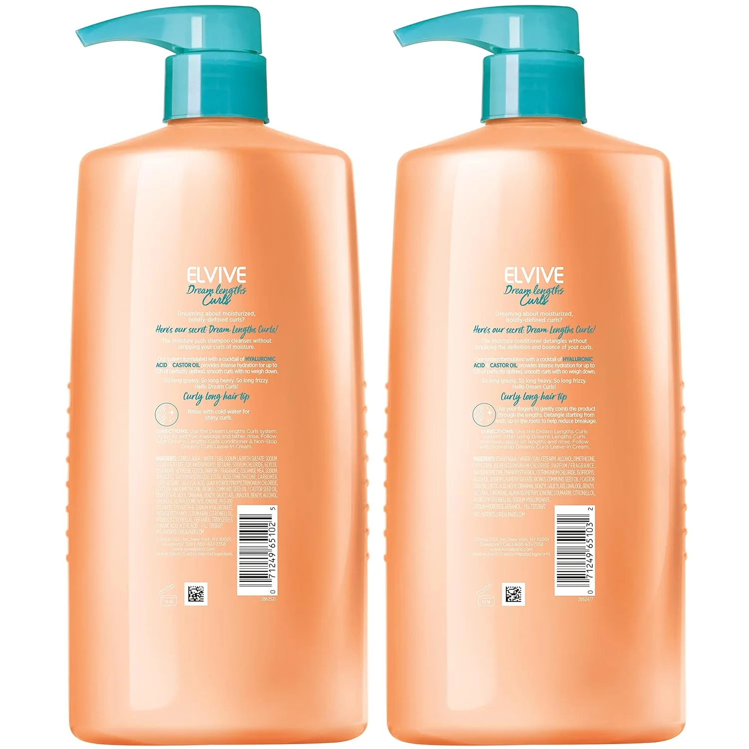 L'Oreal Paris Elvive Dream Lengths Curls Shampoo and Conditioner 2PK, Paraben-Free with Hyaluronic Acid and Castor Oil. Best for wavy hair to curly hair, 1 kit