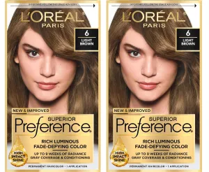 L'Oreal Paris Superior Preference Luminous Fade-Defying Permanent Hair Color, Hair Dye For Up to 9 Weeks of Radiance, Light Brown 6, 1 Hair Dye Kit (Pack of 2)