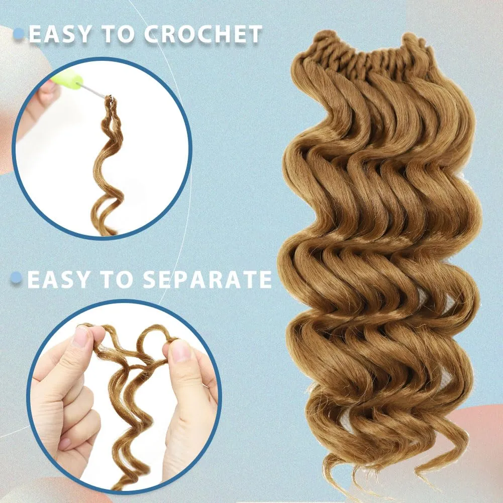 LOSMOEER Ocean Wave Crochet Hair 8 Inch, 8 Packs Deep Wave Hair for Women, Short Curly Braids Pre-Looped Beach Curl Hair Extensions (27#)