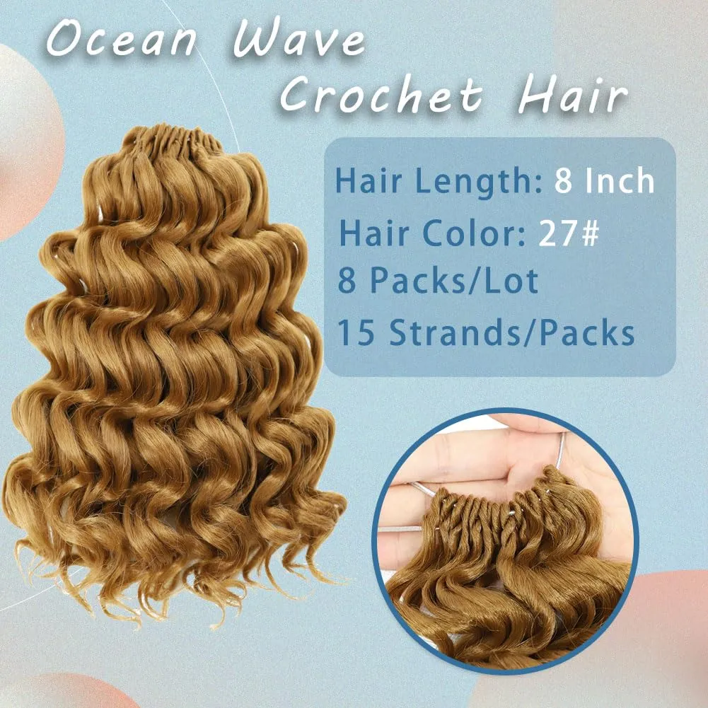 LOSMOEER Ocean Wave Crochet Hair 8 Inch, 8 Packs Deep Wave Hair for Women, Short Curly Braids Pre-Looped Beach Curl Hair Extensions (27#)
