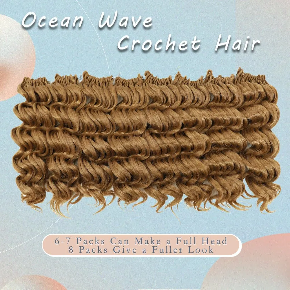 LOSMOEER Ocean Wave Crochet Hair 8 Inch, 8 Packs Deep Wave Hair for Women, Short Curly Braids Pre-Looped Beach Curl Hair Extensions (27#)