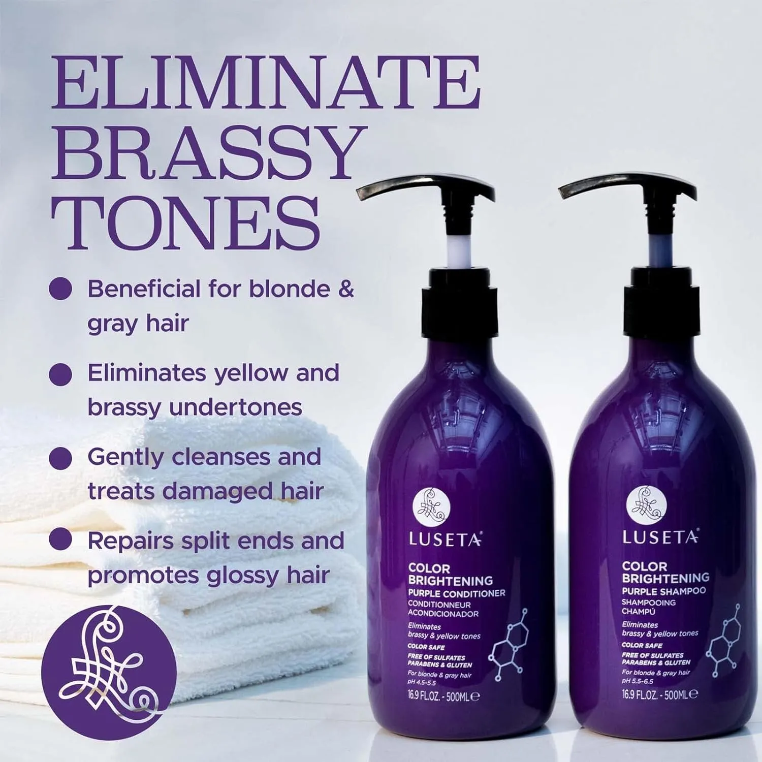 Luseta Purple Shampoo and Conditioner Set for Blonde, Gray - Color Treated Hair - Sulfate Free Paraben Free - Infused with Cocos Nucifera Oil for Curly and Damaged Hair - 2x16.9oz