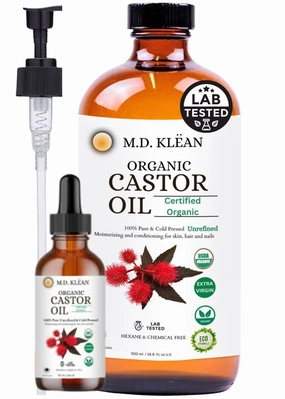 M.D. KLEAN ORGANIC CASTOR OIL (500ml w/ 60ml Dropper) 100% Cold Pressed Unrefined Glass Bottles | Hexane Free | USDA Certified | Moisturizer and Conditionor For Skin,Hair & Lashes.
