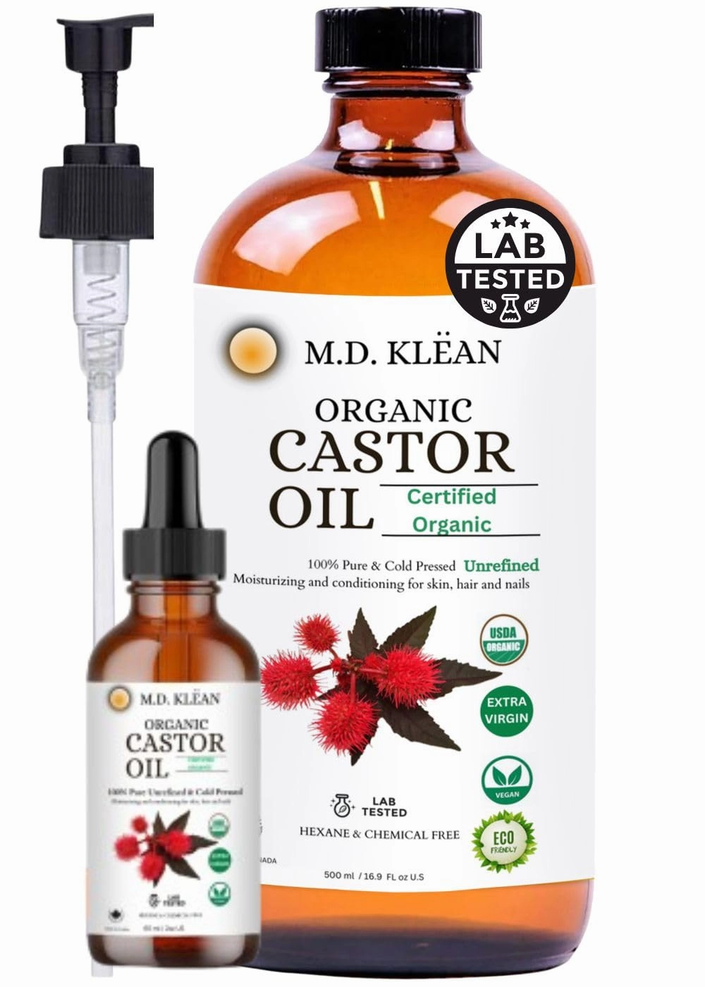 M.D. KLEAN ORGANIC CASTOR OIL (500ml w/ 60ml Dropper) 100% Cold Pressed Unrefined Glass Bottles | Hexane Free | USDA Certified | Moisturizer and Conditionor For Skin,Hair & Lashes.
