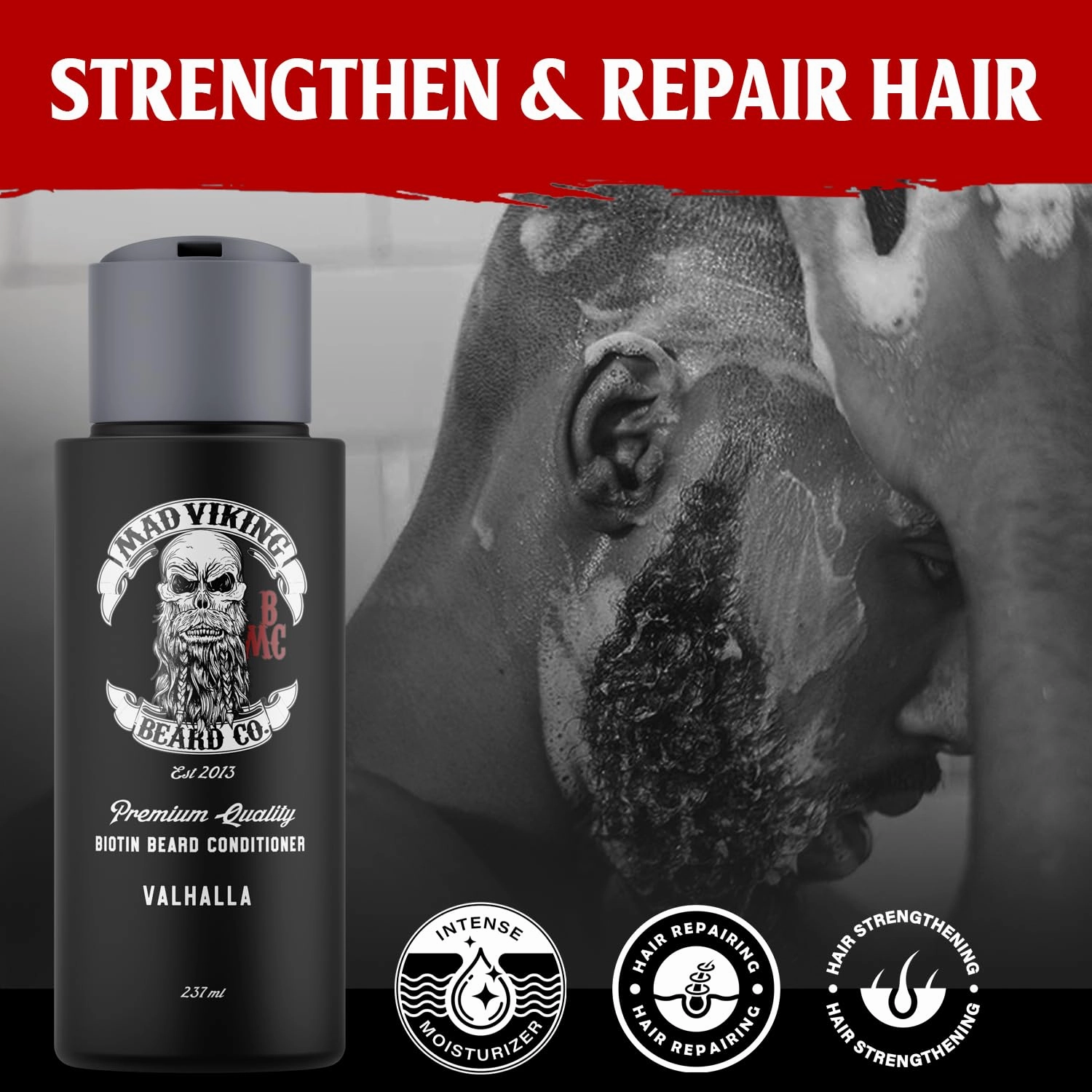 Mad Viking Valhalla Biotin Beard Conditioner – Restores, Moisturizes and Softens - Deep Conditioning and Reduced Frizz - Smooth Sandalwood & Vanilla Scent, Made in the USA - 8oz